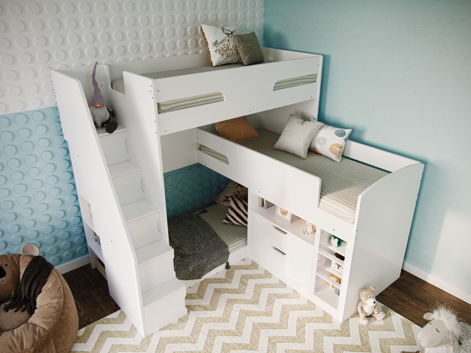 Darwen Oscar Staircase Triple Bunk Bed White With Storage