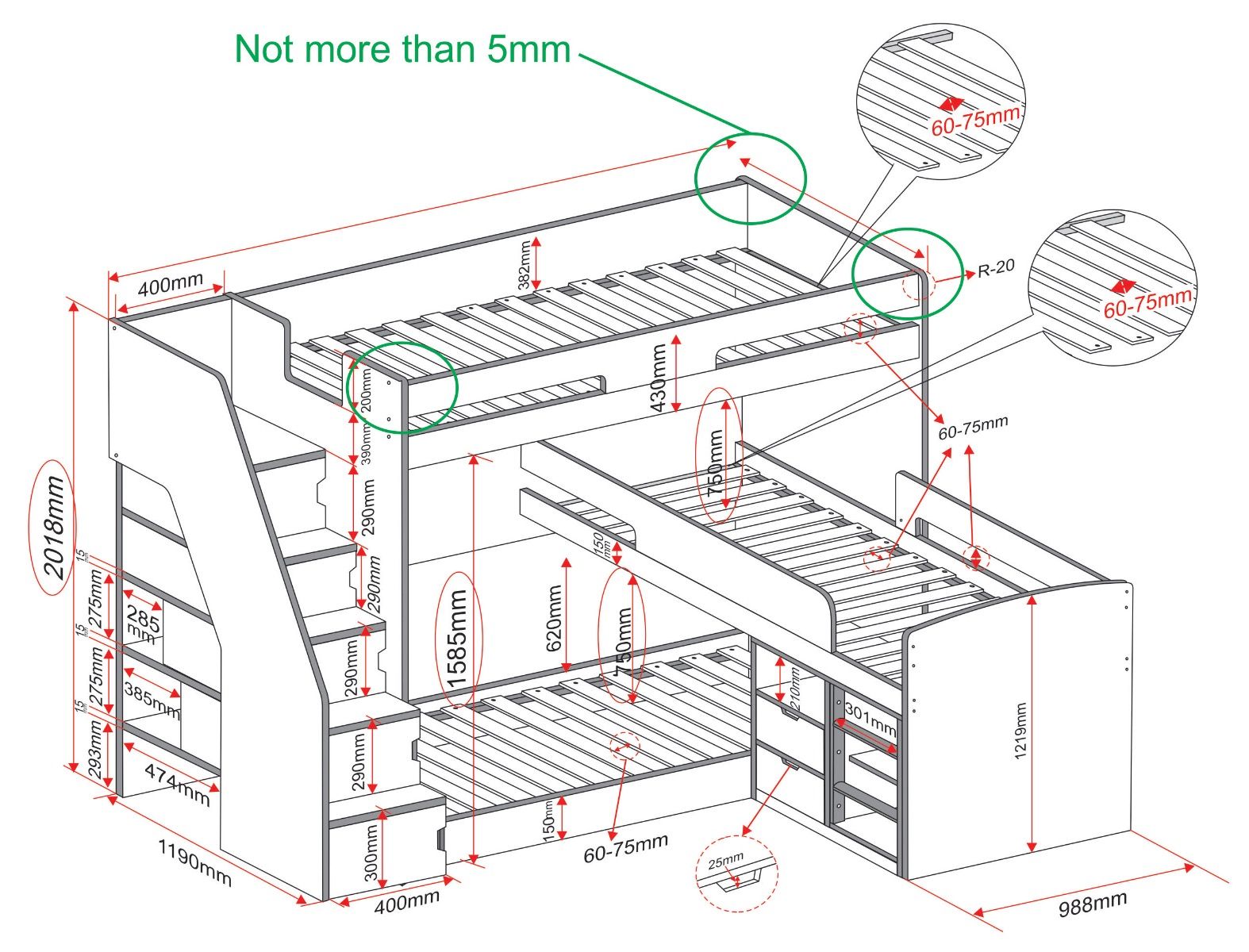Darwen Oscar Staircase Triple Bunk Bed White With Storage